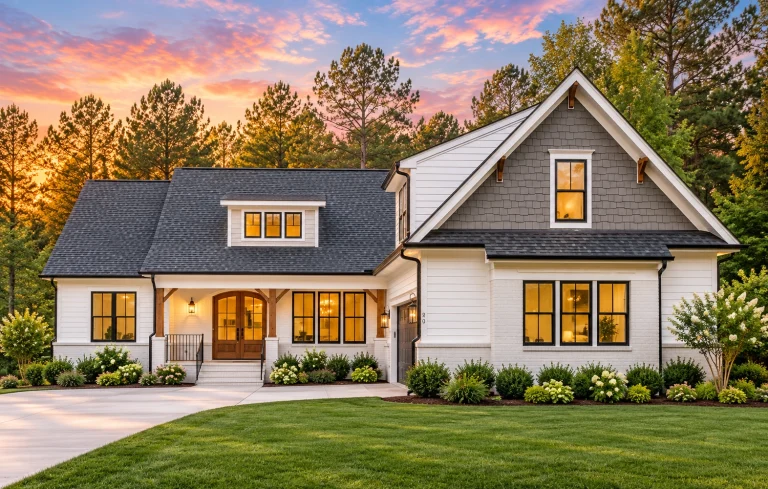 Front exterior view of a New American modern traditional farmhouse-style home featuring white board-and-batten siding, black windows, gabled rooflines, and a welcoming covered entry