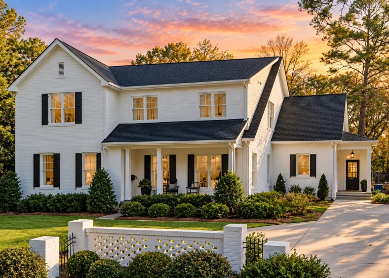 Front elevation of a Traditional Colonial style home with horizontal siding, brick foundation, symmetrical windows, and covered entry porch