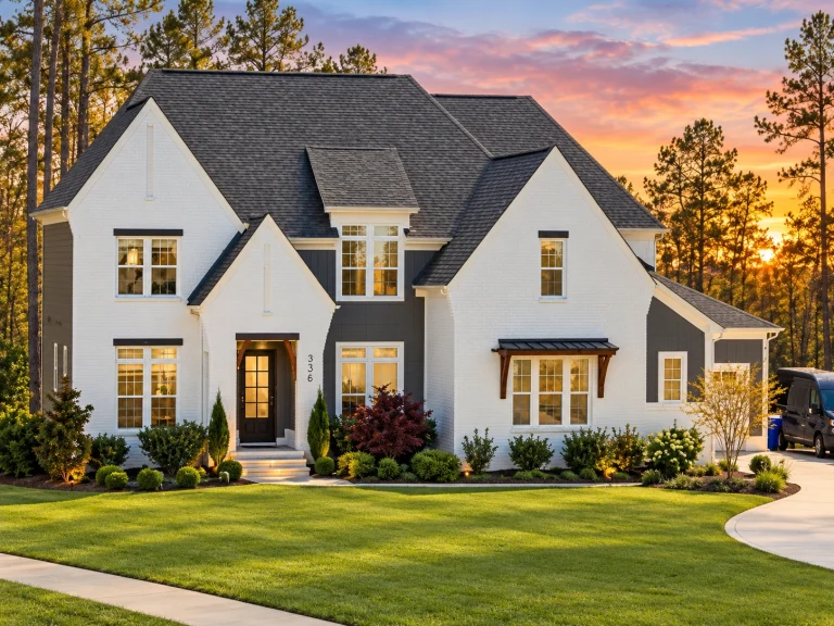 Front exterior of a New American Modern Farmhouse style home with painted brick, board and batten siding, steep gables, and a side-entry garage