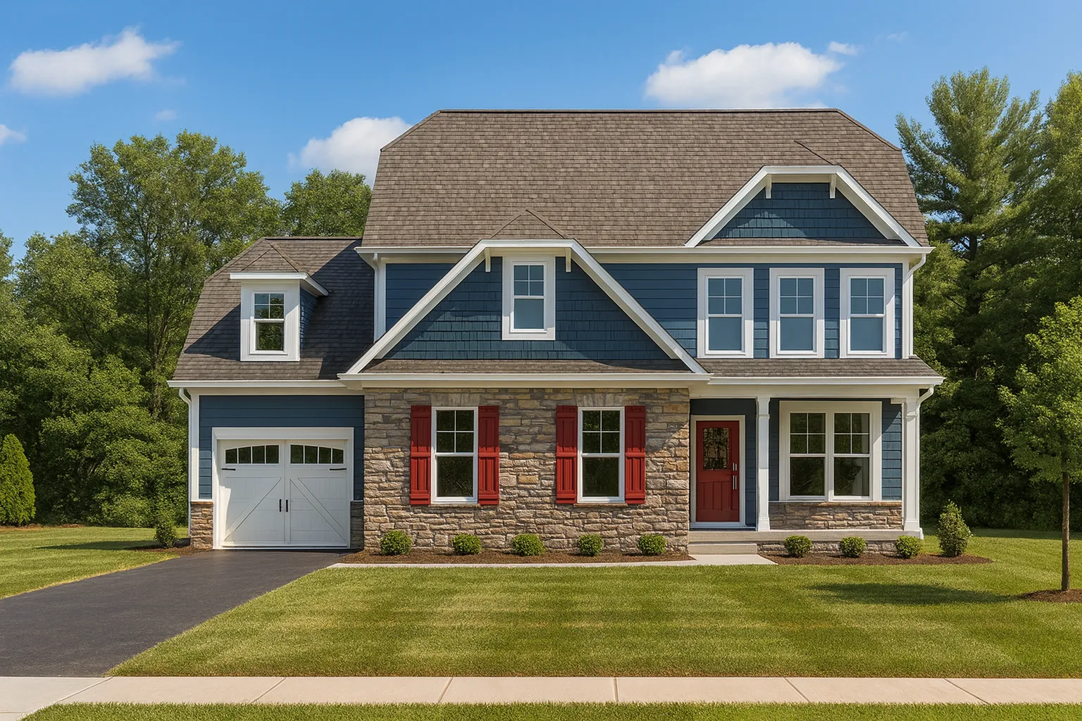 Second Floor Master Bedroom House Plans 29 Front elevation of a Traditional Colonial style house featuring stone and horizontal siding, wood shutters, and symmetrical windows for classic curb appeal