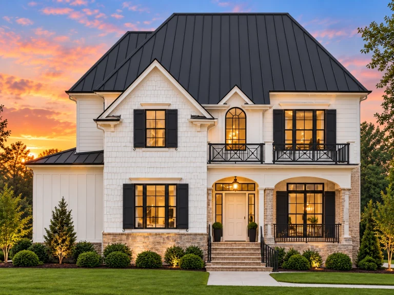 House Plans with Covered Back Porch 12 Front elevation of a Coastal Traditional shingle style house with white shingle siding, metal roof, covered porch, and second-story balcony