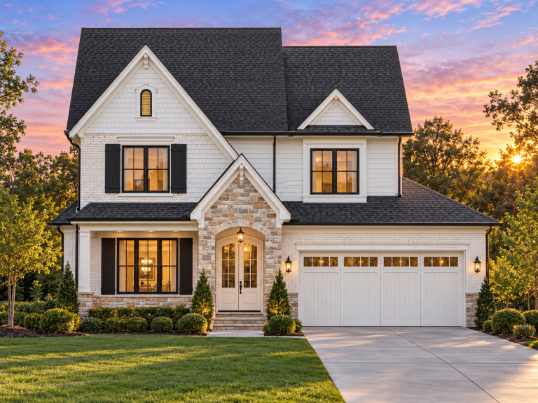 House Plans with Covered Back Porch 18 Front elevation of a New American Traditional style two-story home featuring stone accents, horizontal siding, and a welcoming covered entry