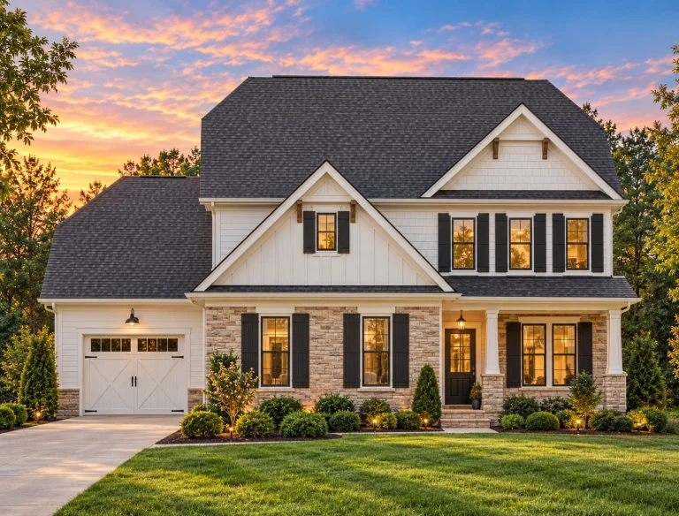 House Plans with Patios 18 Front elevation of a Traditional Colonial style house featuring stone and horizontal siding, wood shutters, and symmetrical windows for classic curb appeal