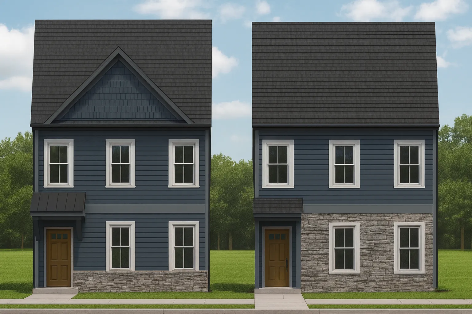 Front elevation of a traditional Colonial-style home featuring white horizontal siding, symmetrical windows, and red shutters for timeless curb appeal