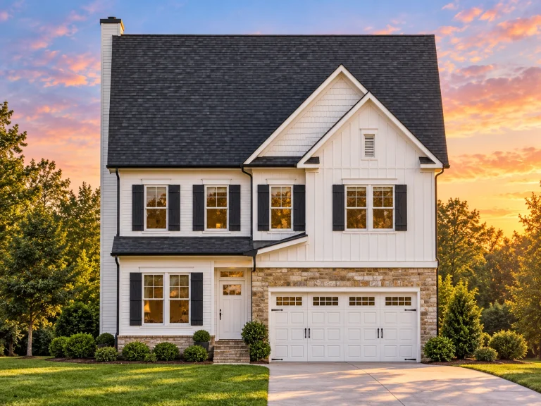 Front elevation of a New American modern traditional two-story house with board and batten siding, brick exterior, and attached two-car garage