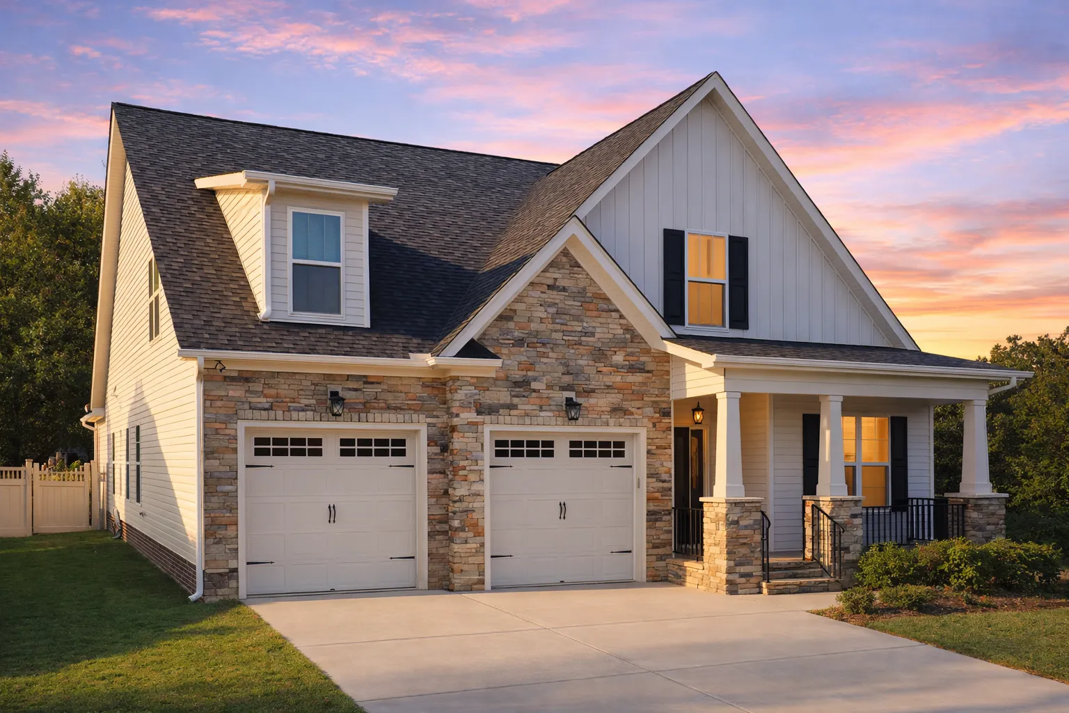 Front elevation of a Craftsman Cottage style home featuring stone accents, board-and-batten siding, warm wood garage doors, and classic architectural detailing