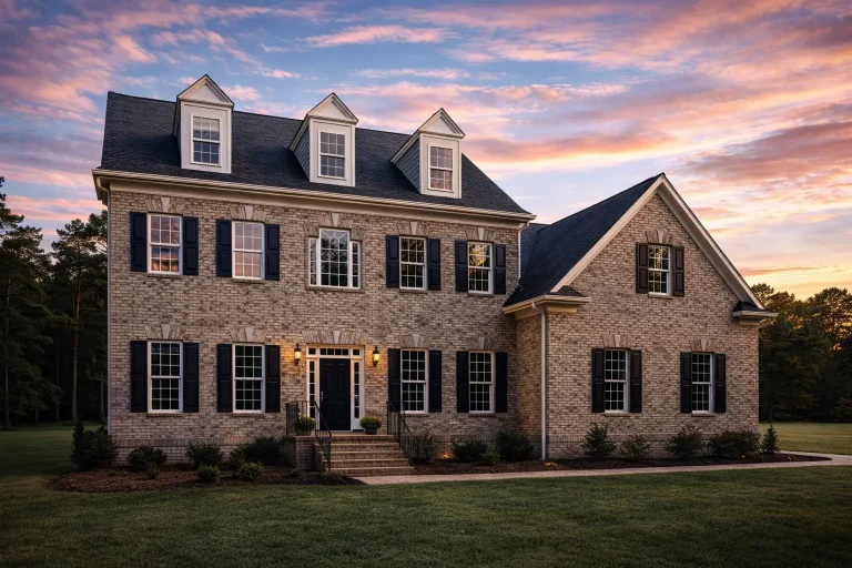 Front elevation of a Traditional Colonial style home with red brick exterior, black shutters, centered entry, and Georgian-inspired symmetry