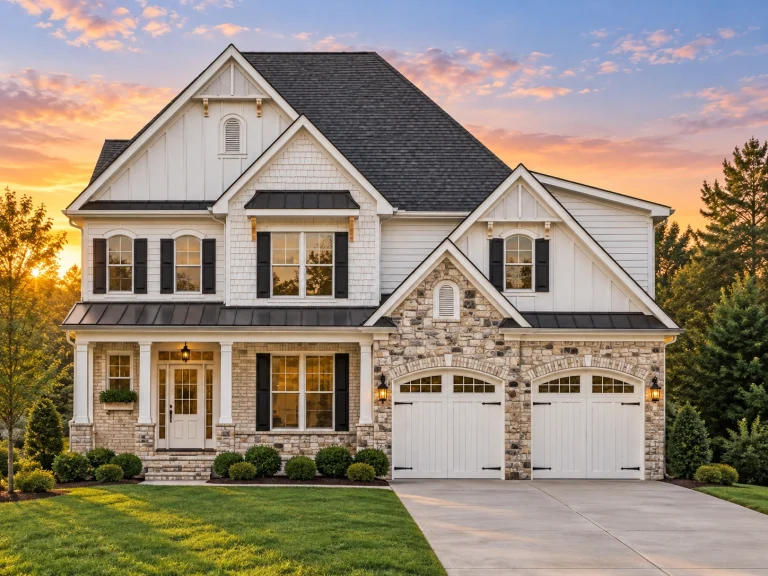 Front elevation of a New American style two-story house featuring board-and-batten siding, horizontal lap siding, stone veneer accents, and a symmetrical suburban design