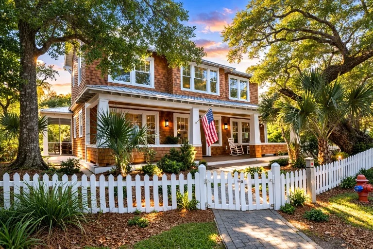 Front elevation of a Modern Farmhouse style home featuring board and batten siding, brick accents, covered porch, and symmetrical New American design