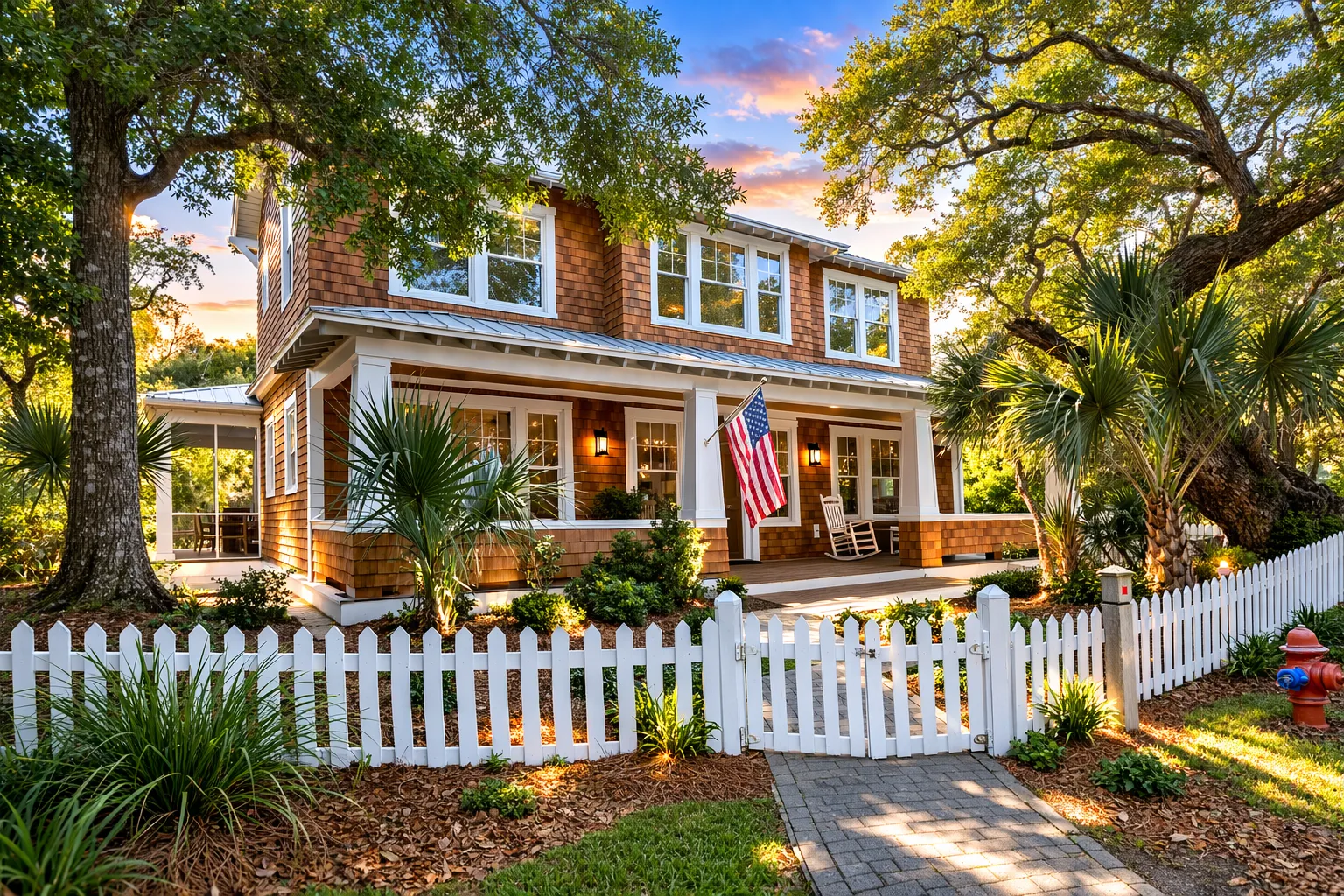 Front elevation of a Modern Farmhouse style home featuring board and batten siding, brick accents, covered porch, and symmetrical New American design