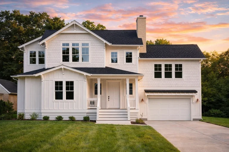 Front exterior of a New American Modern Traditional home with horizontal siding, stone porch columns, gabled rooflines, and an attached garage