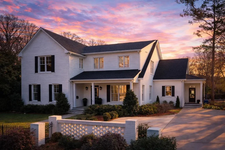 Front elevation of a Traditional Colonial style home with horizontal siding, brick foundation, symmetrical windows, and covered entry porch