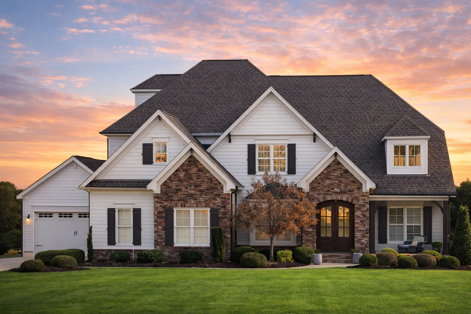 Tandem Garage Plans 19 Front elevation of a New American Modern Traditional house featuring stone veneer, horizontal siding, gabled rooflines, and classic shutters