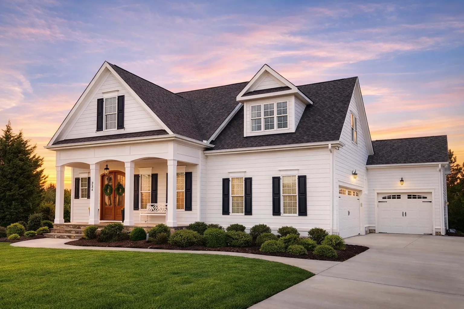 Front exterior view of a New American modern traditional house with horizontal siding, gabled rooflines, shutters, and attached garage