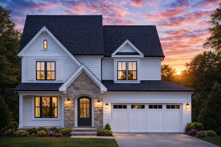 Front elevation of a New American Traditional style two-story home featuring stone accents, horizontal siding, and a welcoming covered entry