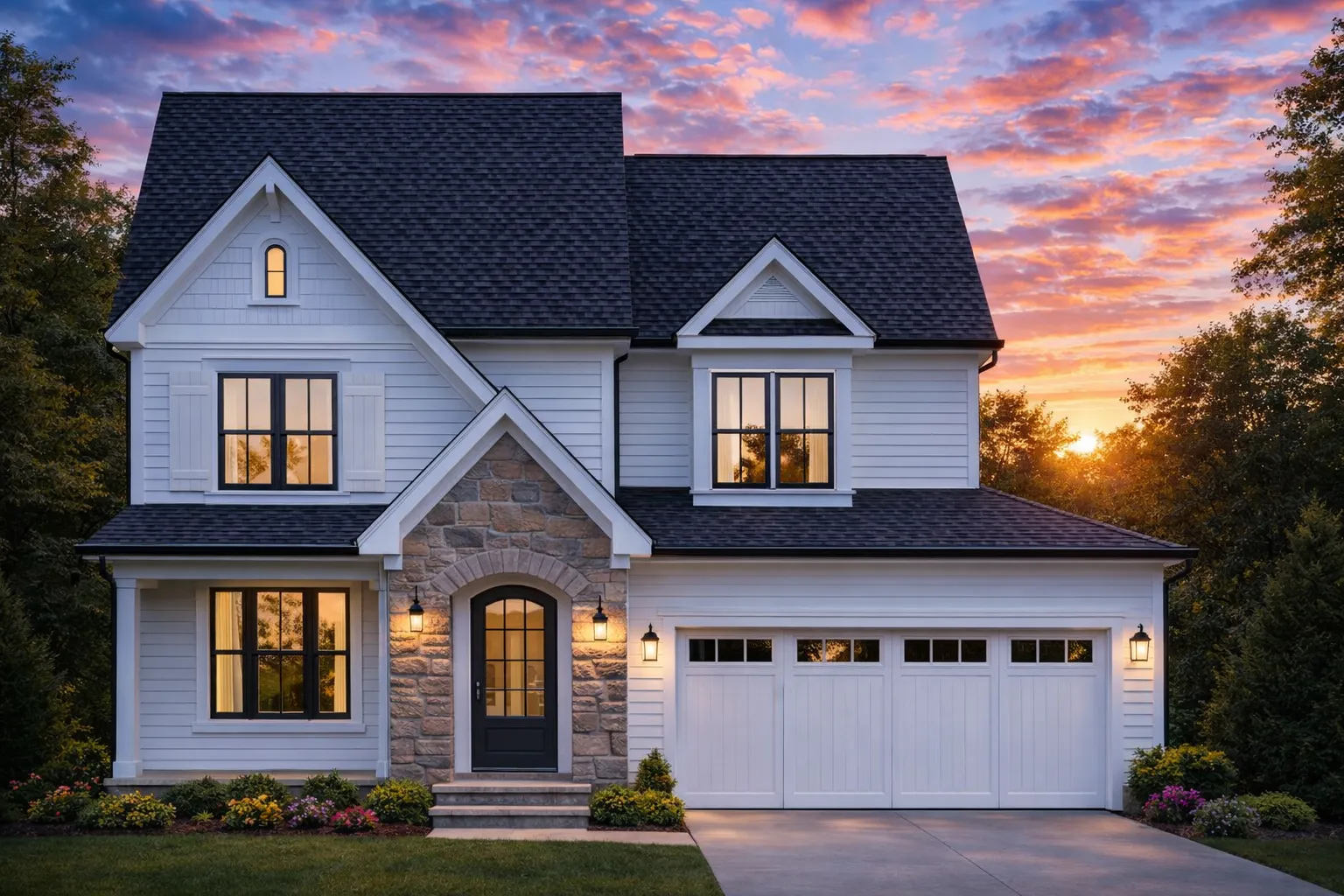 Front elevation of a New American Traditional style two-story home featuring stone accents, horizontal siding, and a welcoming covered entry