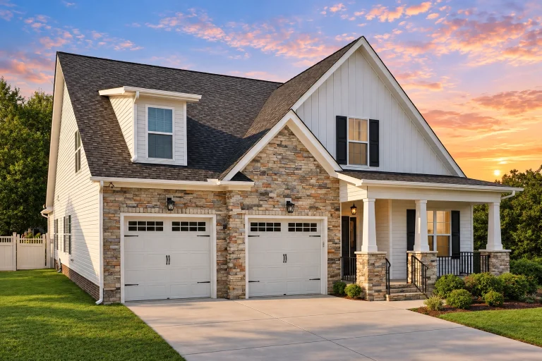 Cottage House Plans 25 Front elevation of a Craftsman Cottage style home featuring stone accents, board-and-batten siding, warm wood garage doors, and classic architectural detailing