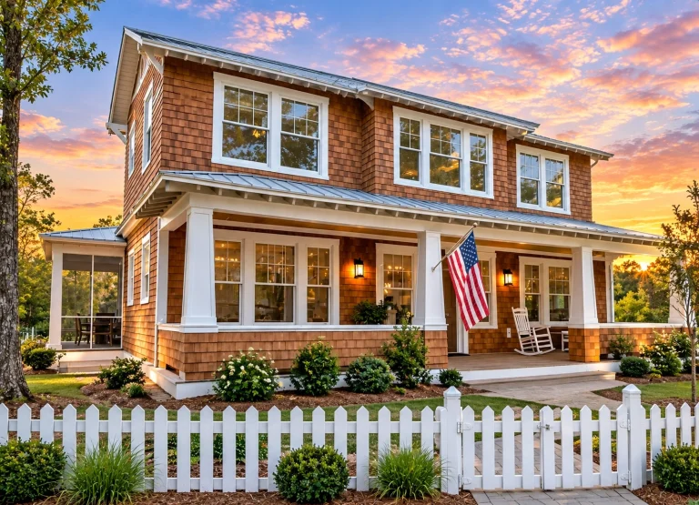 Front elevation of a Modern Farmhouse style home featuring board and batten siding, brick accents, covered porch, and symmetrical New American design