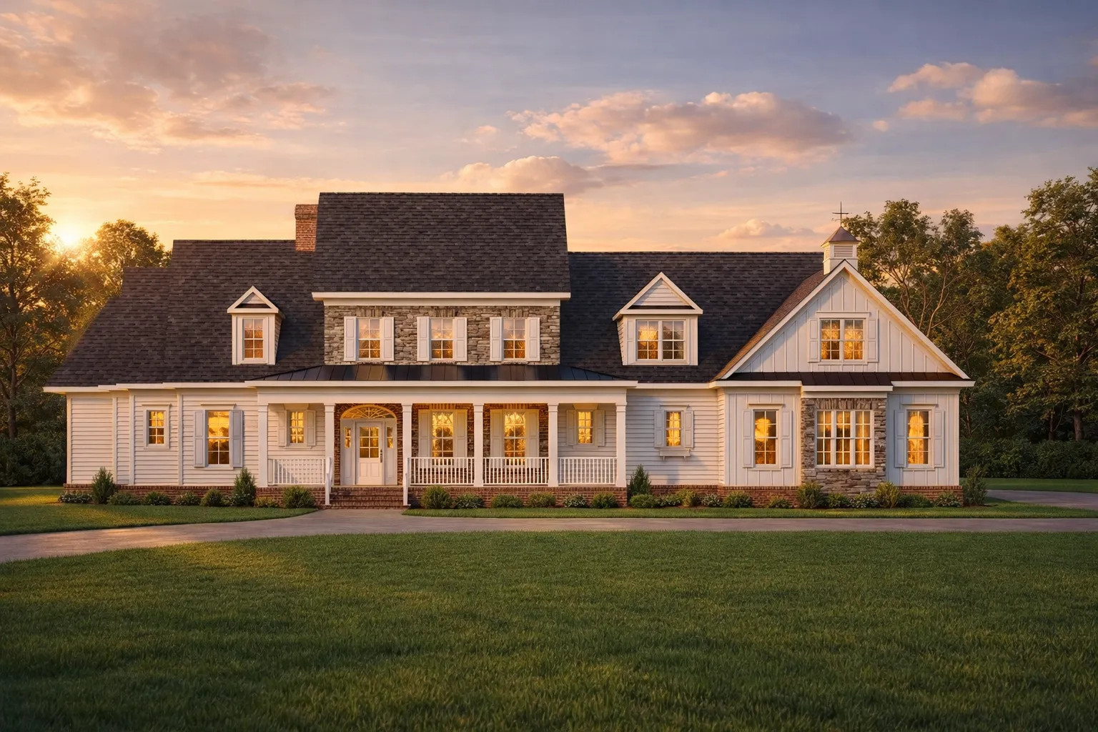 Front exterior view of a Southern Colonial style home with white lap siding, brick foundation, dormer windows, and a welcoming covered porch