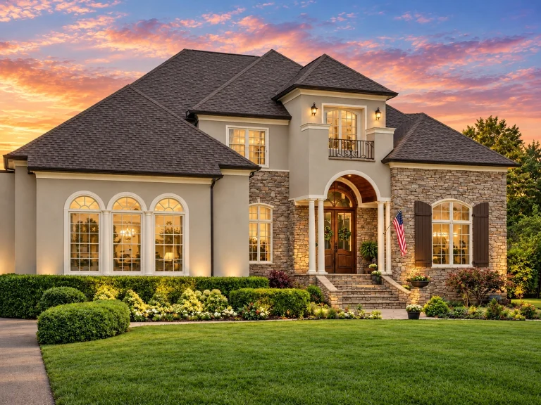 Front elevation of a Neoclassical Traditional style home with stone and stucco exterior, arched entry, symmetrical windows, and classic columns