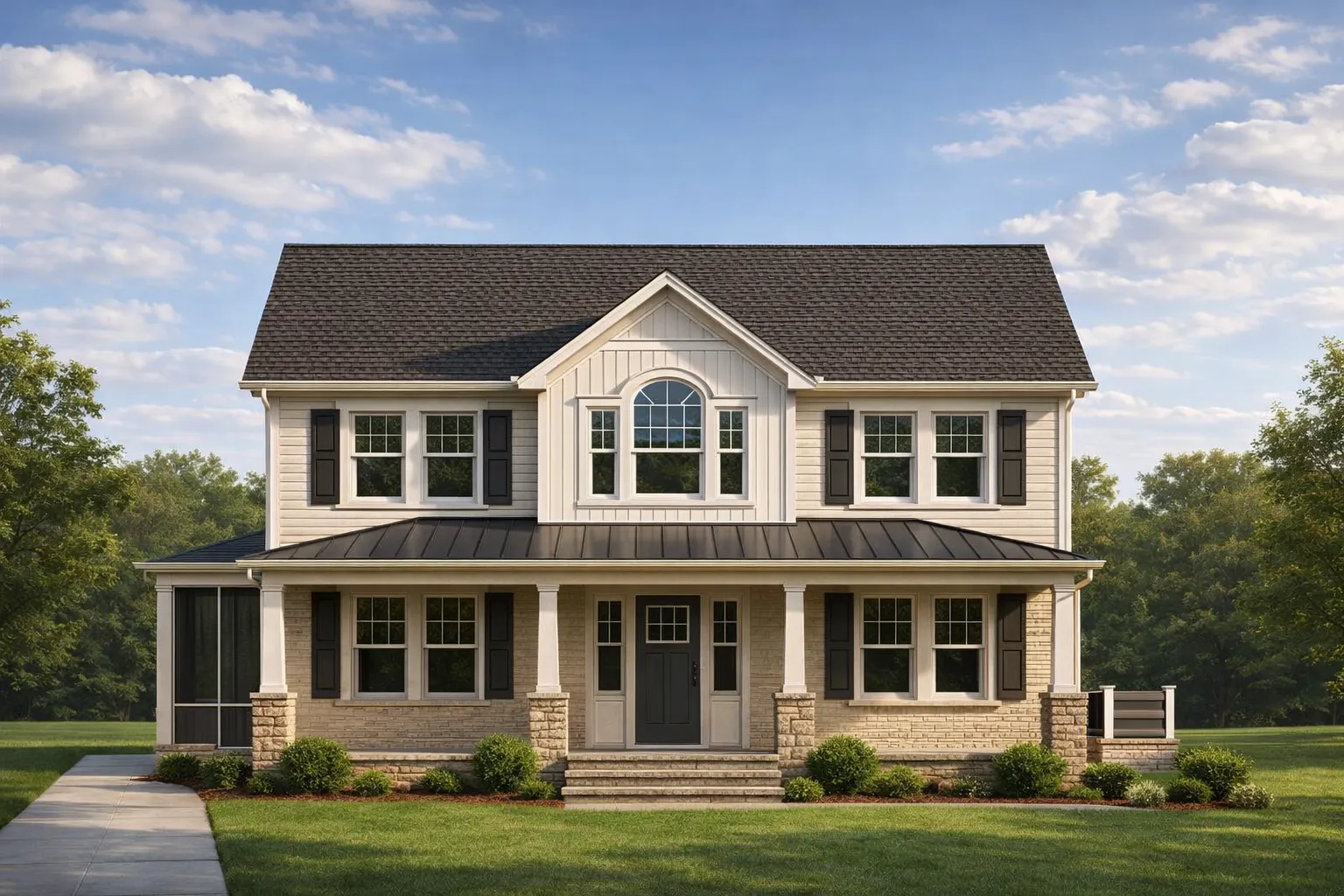 Front elevation of a Modern Farmhouse style home featuring board and batten siding, brick accents, covered porch, and symmetrical New American design