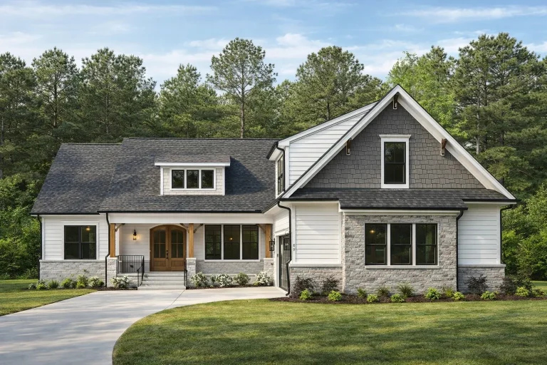 Front exterior view of a New American modern traditional farmhouse-style home featuring white board-and-batten siding, black windows, gabled rooflines, and a welcoming covered entry