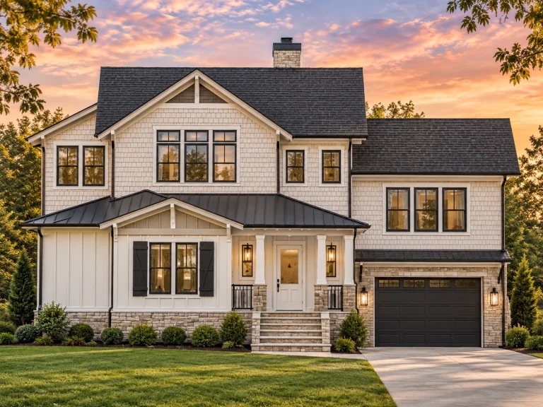 Front exterior of a New American Modern Traditional home with horizontal siding, stone porch columns, gabled rooflines, and an attached garage