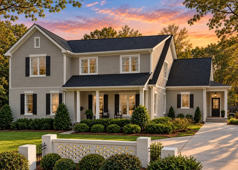 Front elevation of a Traditional Colonial style home with horizontal siding, brick foundation, symmetrical windows, and covered entry porch