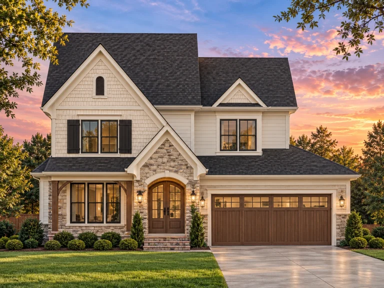 Front elevation of a New American Traditional style two-story home featuring stone accents, horizontal siding, and a welcoming covered entry