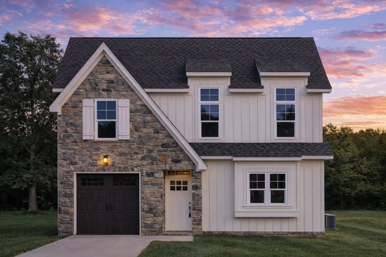 Front view of a Traditional Colonial style home featuring a stone façade, horizontal siding, dormer windows, and a welcoming front entry with single garage