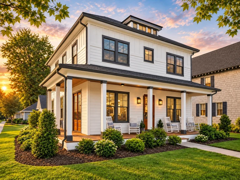 Front exterior of a Coastal Traditional Charleston style house featuring horizontal lap siding, a wide covered porch, and classic Southern architectural details