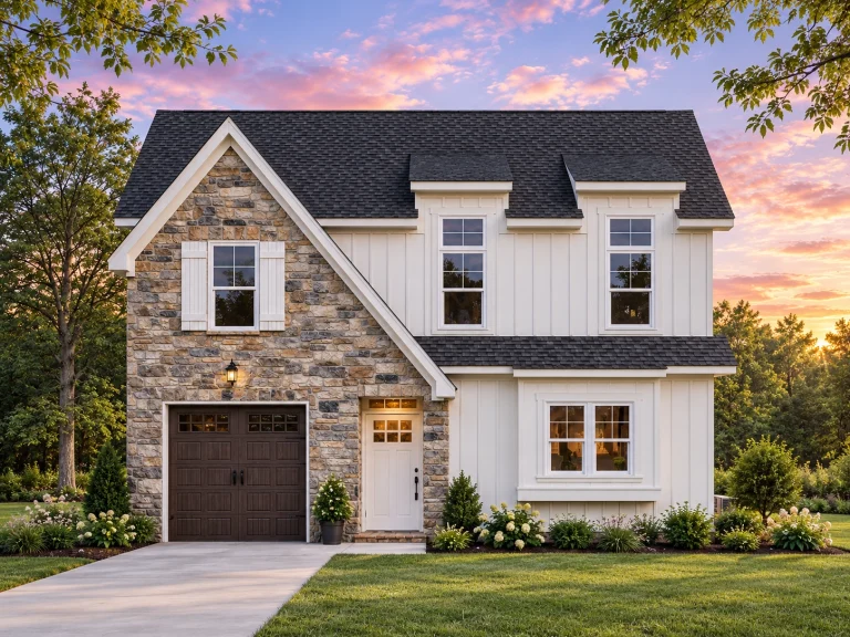 Front view of a Traditional Colonial style home featuring a stone façade, horizontal siding, dormer windows, and a welcoming front entry with single garage