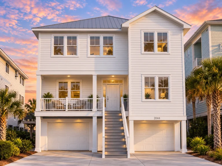 Front elevation of an elevated coastal beach house with horizontal lap siding, standing seam metal roof, exterior stair entry, and garage below