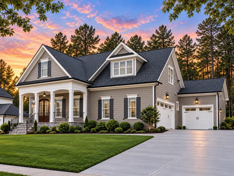 Front exterior of a New American Traditional style home with horizontal siding, board and batten accents, stone porch columns, gabled rooflines, and attached garage