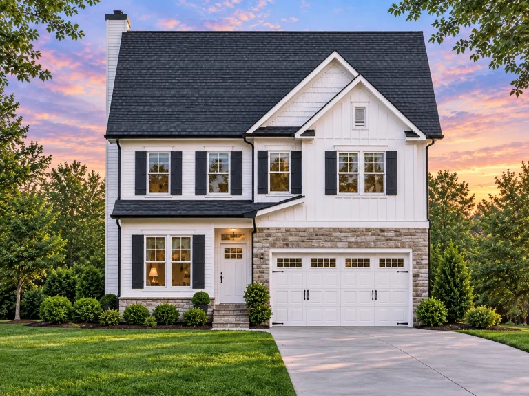 Front elevation of a New American modern traditional two-story house with board and batten siding, brick exterior, and attached two-car garage