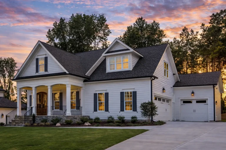 Foyer House Plans 9 Front exterior of a New American Traditional style home with horizontal siding, board and batten accents, stone porch columns, gabled rooflines, and attached garage