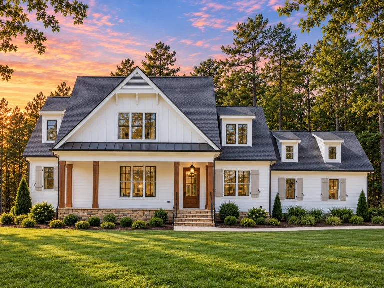 Barndominium House Plans 18 Front exterior view of a Traditional Farmhouse home with Craftsman influences, horizontal siding, brick foundation, and covered porch