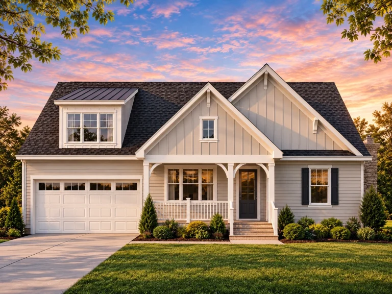 Front exterior view of a modern farmhouse style home with board and batten siding, metal roof accents, covered porch, and attached garage