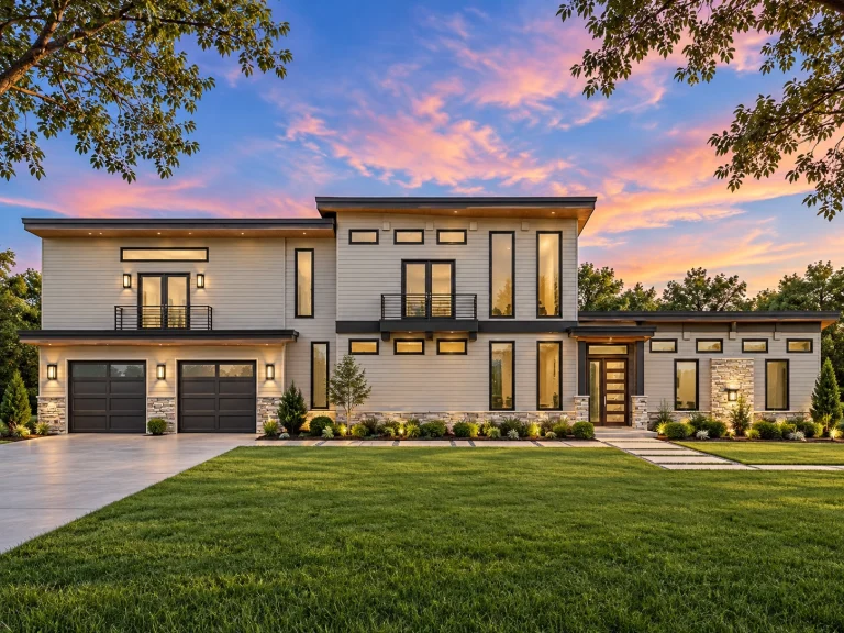 Front elevation of a modern contemporary two-story home with horizontal siding and stone detailing, flat rooflines, and expansive modern windows.