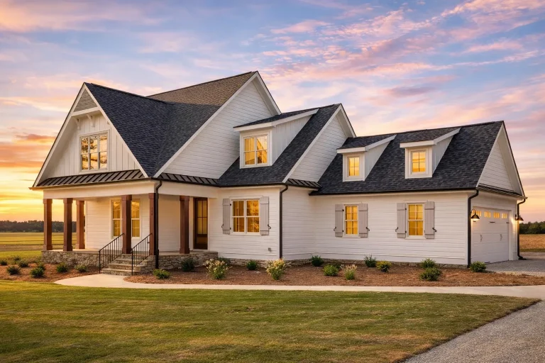 Front exterior view of a Traditional Farmhouse home with Craftsman influences, horizontal siding, brick foundation, and covered porch
