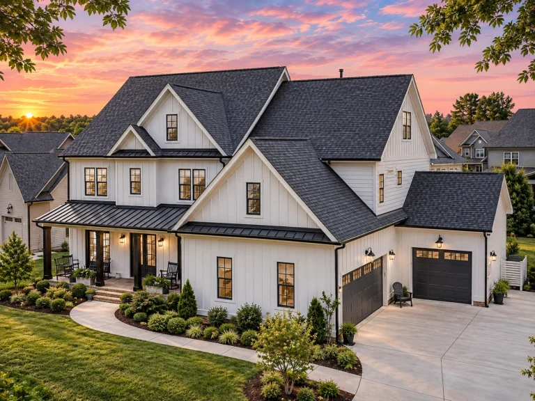 Modern Farmhouse House Plans 19 Front elevation of a modern farmhouse style home featuring board and batten siding, gabled rooflines, symmetrical windows, and a welcoming covered porch