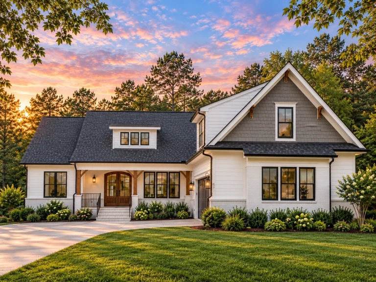 Front exterior view of a New American modern traditional farmhouse-style home featuring white board-and-batten siding, black windows, gabled rooflines, and a welcoming covered entry