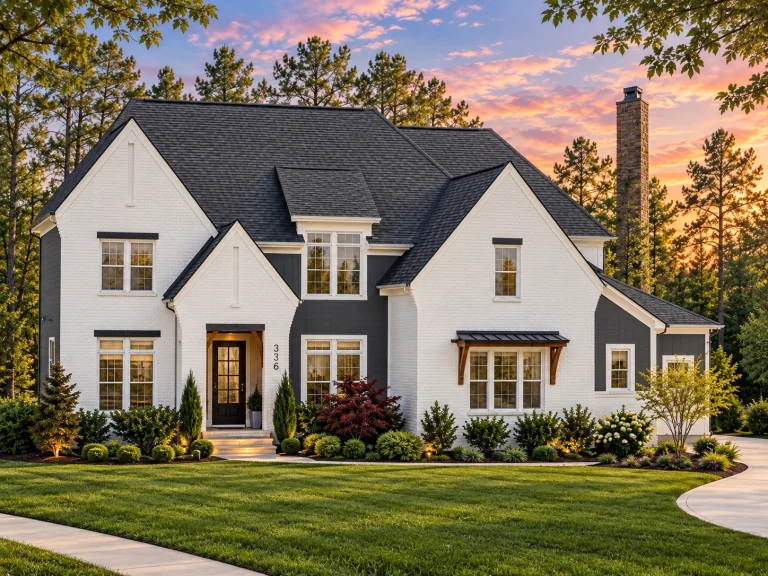 Cottage House Plans 19 Front exterior of a New American Modern Farmhouse style home with painted brick, board and batten siding, steep gables, and a side-entry garage