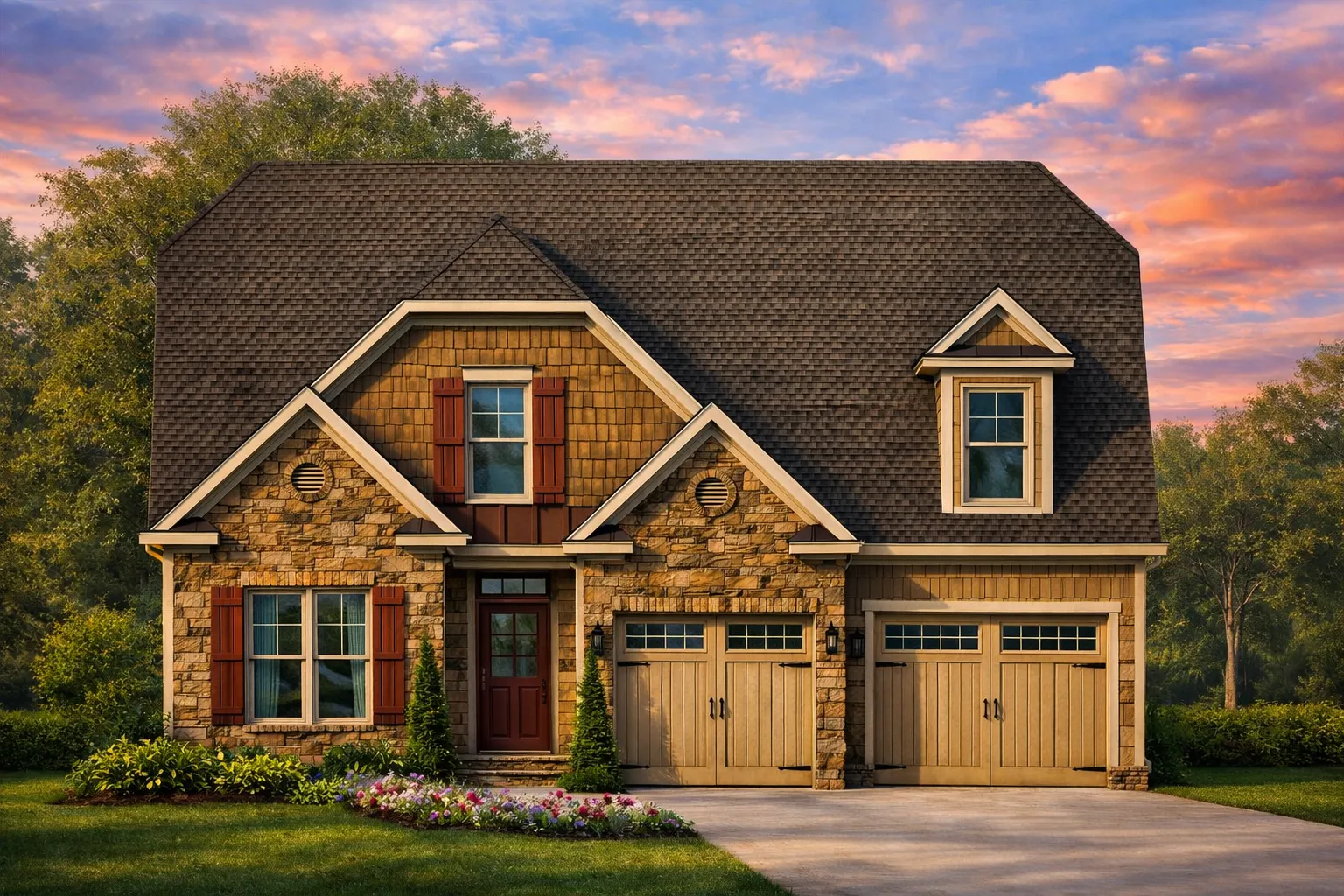 Front elevation of a Craftsman Cottage style home featuring stone accents, board-and-batten siding, warm wood garage doors, and classic architectural detailing