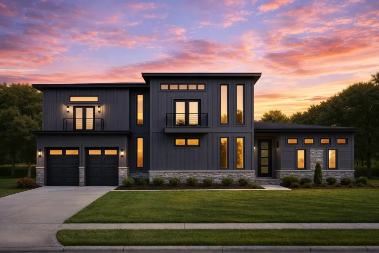 Front elevation of a modern contemporary two-story home with horizontal siding and stone detailing, flat rooflines, and expansive modern windows.