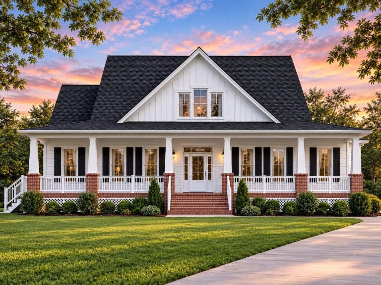 Affordable House Plans 3 Front elevation of a Southern Farmhouse style home featuring board and batten siding, brick porch piers, and a wide covered front porch