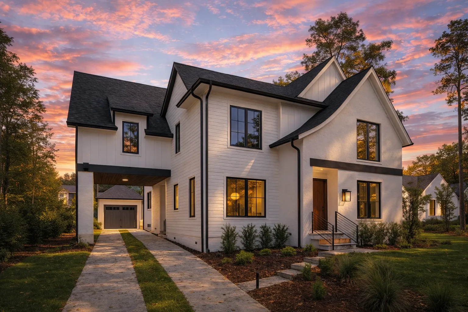 Front exterior of a Modern Farmhouse with white board and batten siding, black framed windows, steep gables, and covered entry porch