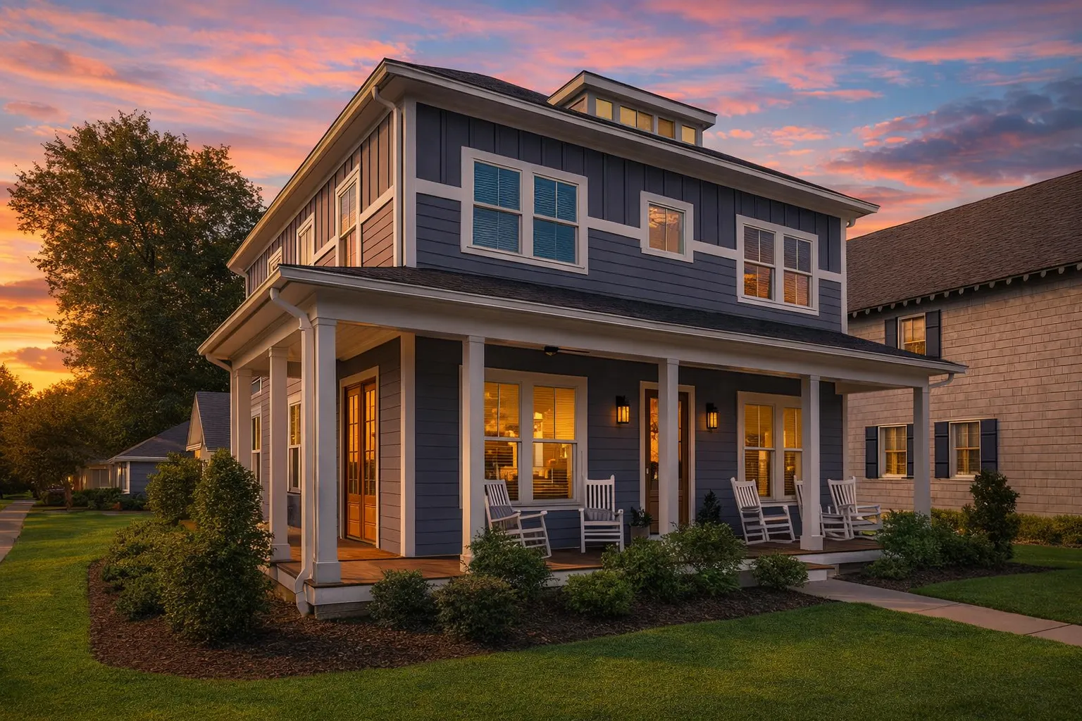 Front exterior of a Coastal Traditional Charleston style house featuring horizontal lap siding, a wide covered porch, and classic Southern architectural details