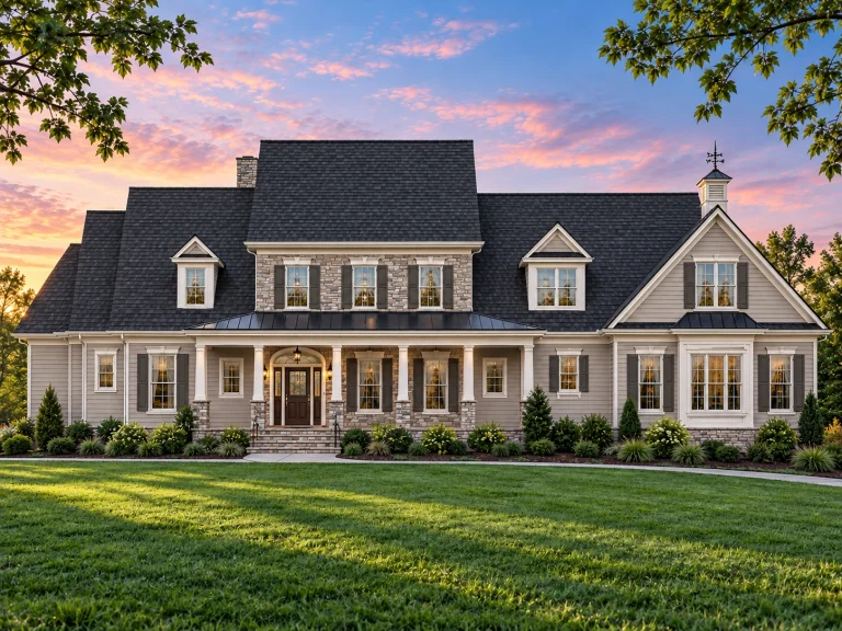 Victorian House Plans 11 Front exterior view of a Southern Colonial style home with white lap siding, brick foundation, dormer windows, and a welcoming covered porch