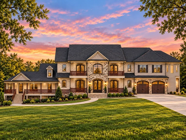 Front elevation of a New American Traditional style luxury home featuring stone accents, horizontal siding, balanced symmetry, and an attached three-car garage